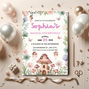 Convite para festa de aniversário de fada, convite para festa de jardim para meninas, convite para aniversário de fada para impressão, download do convite para festa com tema de fada mágica F8
