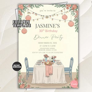 Könnte beinhalten: Eine Einladungsvorlage für eine Geburtstags-Dinnerparty auf cremefarbenem Hintergrund mit Lichterketten und rosa Papierlaternen. Der Text lautet Jasmine's 30th Birthday Dinner Party, Friday March 25, 2025, mit einer Illustration eines Tisches.