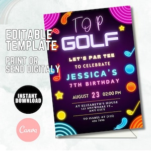Golf Birthday Invitation , Neon Golf Par-Tee Invite, Hole-in-One Golf Party Invitations, Editable Digital Template Instant Download F12
