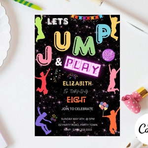 Convite de aniversário com salto, modelo editável para festa de trampolim, convite para impressão, castelo inflável digital, download para festa tie-dye infantil