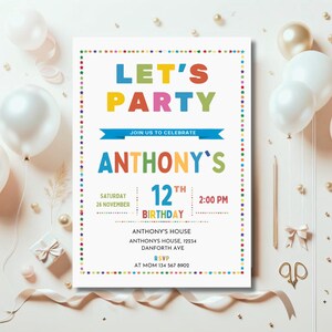 Convite de aniversário editável Let's Party, convite de aniversário simples e colorido, convite de festa brilhante e alegre, Let's Party Invitation, download L4
