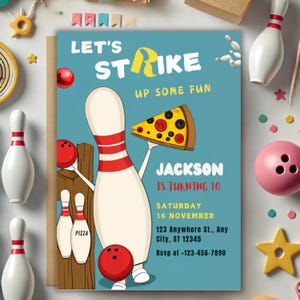 Bowling Birthday Party Invitation, Let&#39;s Strike Up A Slice Of Fun Pizza Party Invite, Editable Bowling and Pizza Invite Instant Download BP4