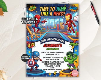 Superhero Trampoline Birthday Invitation, Jump Park Comic Book Party Editable Kids Template