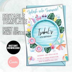 Editable Pool Party Invitation, Pastel Swimming Pool Invite, Tropical Tie Dye Birthday Pool Party Invitation Printable Summer Birthday T56