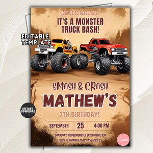 Monster Truck Birthday Invitation Editable Canva Template, Boom Crash Bash Truck Party Invite