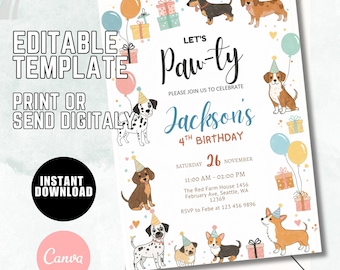 Invitación de cumpleaños de perro, temática de Pawty, invitación para fiesta infantil (plantilla editable)