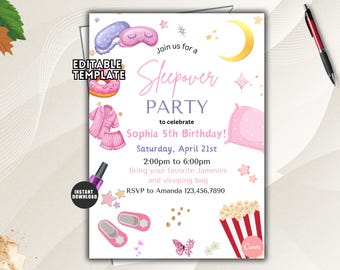 Editable Slumber Party Invitation, Pink Sleepover Invite (Digital Download)