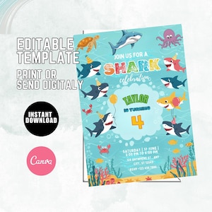 Editable Shark Birthday Invitation, Shark Birthday Party Invites, Shark Jaws Party Theme, Kids Birthday Party Invites, Canva Template S60