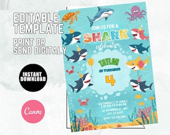 Shark Birthday Invitation, Jaws Theme Party, Canva Template (Digital Download)