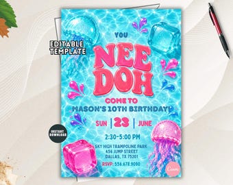 Nee Doh Pool Party Birthday Invitation, Summer Splash Editable Sensory Toy Template