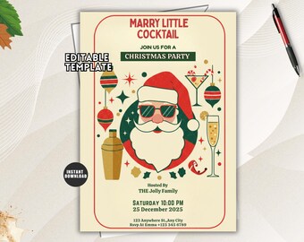Santa Cocktail Party Invitation, Merry Little Christmas Drinks Holiday Party Editable Template