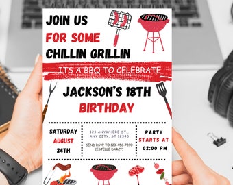 Editable BBQ Birthday Invitation, Red Gingham, Summer Cookout (Digital Download)