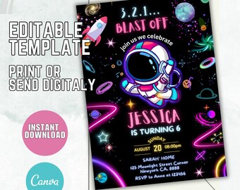 Neon Space Birthday Invitation, Astronaut Party, Galaxy Theme (Editable Template)