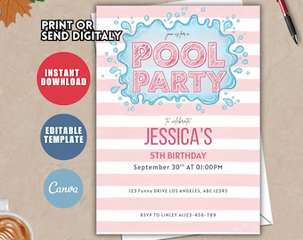 Pool Party Invitation Swim Party Invite Kids Swimming Party Editable Canva Template Instant Download kids Pool Birthday Celebration P40