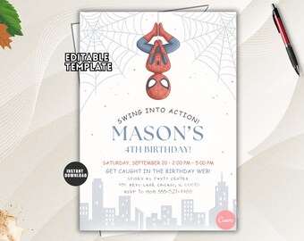 Spidey Birthday Invitation, Watercolor Superhero Comic Party Invite, Editable Kids Template