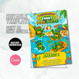 Peut inclure: Une invitation colorée pour une fête de piscine TMNT. Le design présente les Tortues Ninja dans une piscine avec des pizzas, des pistolets à eau et un ballon de plage. L'invitation comprend le texte "Cowabunga! TMNT Pool Party!" et les détails de l'anniversaire de Jackson.