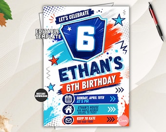6th Birthday Invitation, Editable Let's Party Template for Kids
