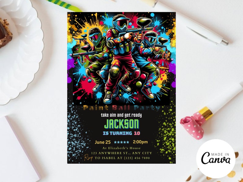 Launch your best party yet with our Paintball Invitation! Editable and ready for instant download, its perfect for a paint ball birthday or softball invite. Customize to capture the thrill of the game.