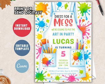 Invitación a fiesta de cumpleaños con diseño artístico: "Vístete para un desastre", plantilla de Canva (descarga digital)