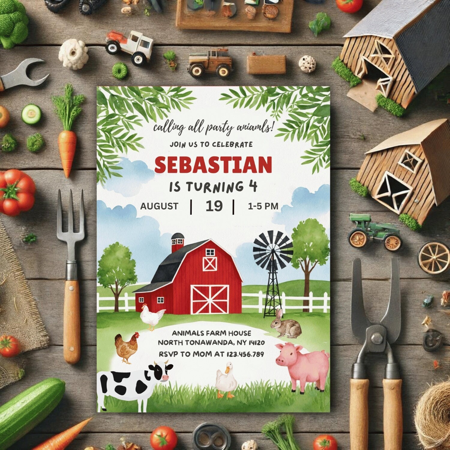 Farm Birthday Invitation Template, Farm Invitation, Farm Animals Invite, Barnyard, Barn Animals Party, Ranch Kids Party, Editable Canva, W5K