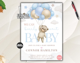 Editable Teddy Bear Baby Shower Invitation, Blue Balloon Theme (Digital Download)
