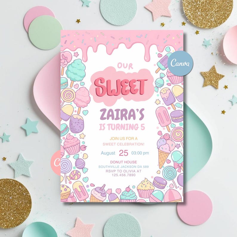 Sweets Candy Birthday Invitation Template, Editable Canva (digital ...