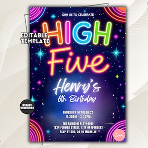 May include: A digital birthday invitation template featuring a dark blue background with neon-style text that reads "JOIN US TO CELEBRATE", "HIGH FIVE", "Henry's 6th Birthday", and event details including date, time, location, and RSVP information.