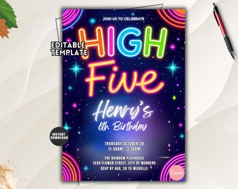 Neon High Five Birthday Invitation, 5th Birthday, Editable Template (Digital Download)