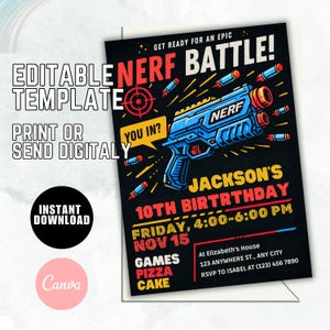 Sjabloon bewerkbare Nerf verjaardagsfeestje uitnodiging, Nerf nodigt, Nerf Dart uitnodiging, jongens verjaardag uitnodigen, kinderverjaardag, Instant Download