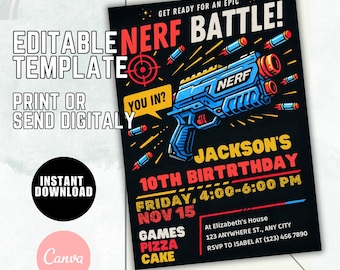 Editable Nerf Birthday Party Invitation Template, Nerf Invites, Nerf Dart Invitation, Boys Birthday Invite, Kids Birthday, Instant Download