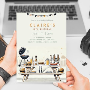 Faire-part d'anniversaire barbecue, faire-part d'anniversaire numérique dans le jardin, fête d'anniversaire d'été, repas d'anniversaire, 40, 50, 60, bricolage imprimable