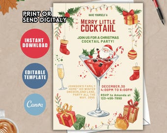 Inbjudan till julcocktailparty, festliga högtidsdrycker, redigerbar mall