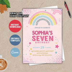 Editable 7th Birthday Girl Party Invitation, 7th Birthday Invitation Template, Glitter Stars Seventh Birthday Invite, Kids Party Invite R36