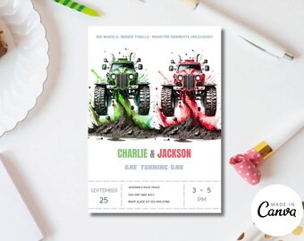 Bearbeitbare Monster Truck-Geburtstagseinladung, Twin Boys (Printable Download)