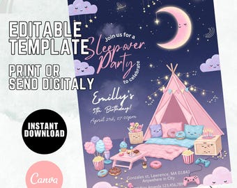 Sleepover Birthday Invitation, Slumber Party, Editable Template (Digital Download)