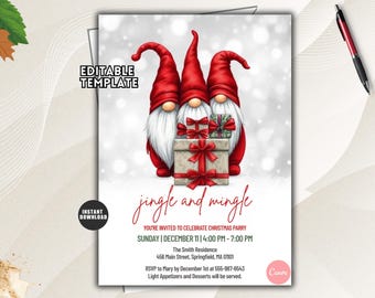 Christmas Gnomes Party Invitation, Editable Holiday Invitation (Digital Download)