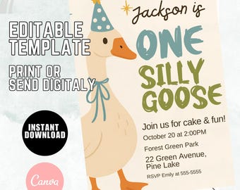 One Silly Goose 1st Birthday Invitation, Editable Template (Digital Download)
