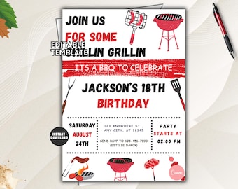 BBQ Birthday Invitation, Red Gingham Backyard Cookout, Grill and Chill Editable Template
