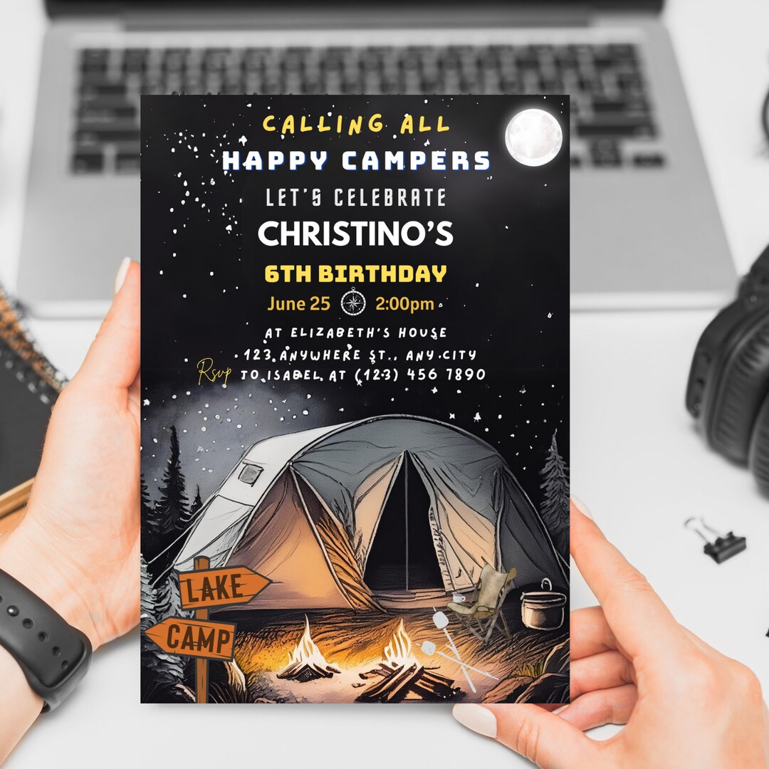 Camping Birthday Invitation Campground Party Hike On Over editable 