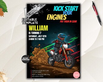 Dirt Bike Birthday Invitation, Motocross Adventure, Canva Template (Digital Download)