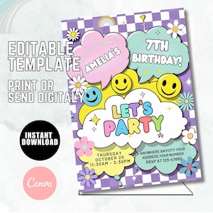 Convite editável com carta de patch preppy, convite de aniversário com patch universitário retrô, convite editável com rosto sorridente para festa, download J65