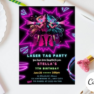 Invitation d'anniversaire Laser Tag garçon fille Gamer fête d'anniversaire, invitation néon rose arc-en-ciel jeu d'arcade enfants Tag Party MODIFIABLE W11