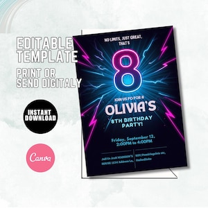 Neon 8. Geburtstagseinladung, Electric Kids Party einladen, bearbeitbares Glow Blitzmotiv, 8. Geburtstagsfeiereinladung Vorlage N67