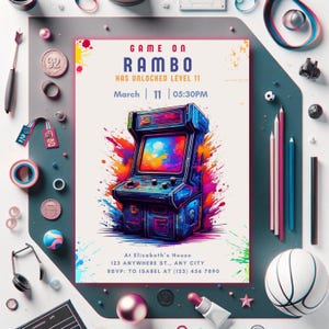 Arcade Birthday Invitation Template, Arcade Invitation, Neon Glow Invite, Arcade Party, Boys Gamer Party, Video Game Party, Editable Canva