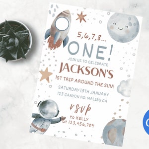 Invitation premier anniversaire dans l'espace, invitation premier voyage autour du soleil, invitation décollage 1er anniversaire, fête de la planète galaxie garçon, astronaute modifiable AS6