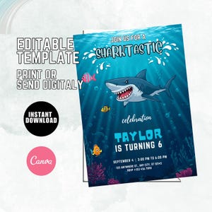 Shark Birthday Invitation, Shark Party Invitation Template, Boys Editable Shark Invite Kids Printable Ocean Theme Digital Download S65