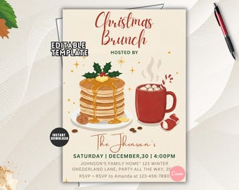 May include: An editable Christmas Brunch invitation template featuring a stack of pancakes with syrup and holly, a red mug with marshmallows and a candy cane, and text including The Jhonsan's, Saturday, December 30, 4:00PM, and RSVP details.