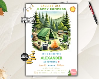 Camping Birthday Invitation, Cottagecore Camp Party, Editable Printable (Template)