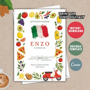 Italian Themed Birthday Party Invitation, Uno Birthday Italy Theme Invitation, Vespa Italian Food Pizza Editable Digital Invitation Template