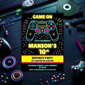 Bearbeitbare Videospiel-Geburtstagseinladung, Neon Level Up Party einladen, druckbares Spiel am Geburtstag Sofort-Download Junge-Videospiel-Party Y54